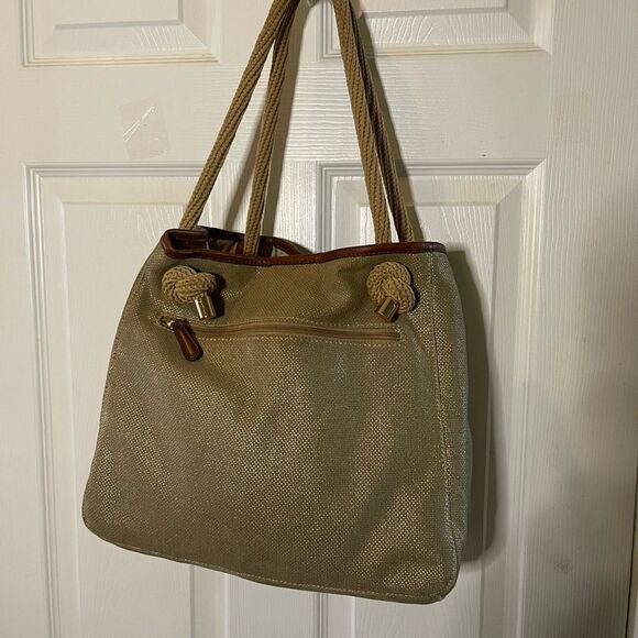 MICHAEL Michael Kors Metallic Khaki /Brown Canvas and Leather Medium Isla Tote - Picture 3 of 16